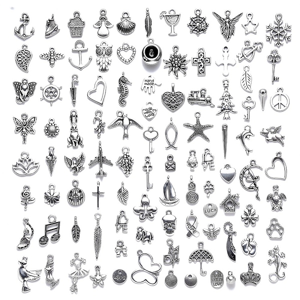

PandaHall 100Pcs 100 Style Tibetan Style Alloy Pendants, One Hundred Shapes, Antique Silver, 4~29x4~29x1~8mm, 1pc/style Alloy Mixed Shapes