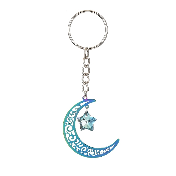 

PandaHall Stainless Steel Hollow Moon Keychains, with Iron Keychain Ring and Star Glass Pendant, Rainbow Color, 9.4cm Stainless Steel Moon