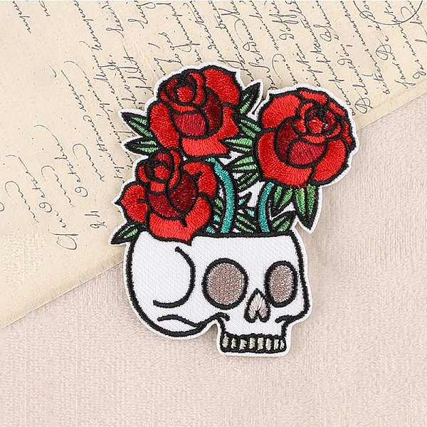 

PandaHall Computerized Embroidery Cloth Sew on Patches, Costume Accessories, Skull with Rose, Red, 100x54mm Cloth Skull Red