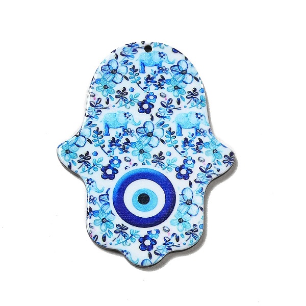 

PandaHall Opaque Acrylic Pendants, Hamsa Hand/Hand of Miriam Charm, Evil Eye Pattern, 51.5x38.5x2mm, Hole: 1.6mm Acrylic Evil Eye