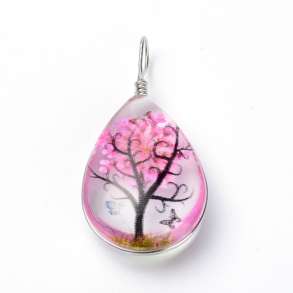 

PandaHall Transparent Glass Pendants, with Dride Flower inside and Zinc Alloy Finding, Teardrop, Platinum, Hot Pink, 35.5x18x9mm, Hole...