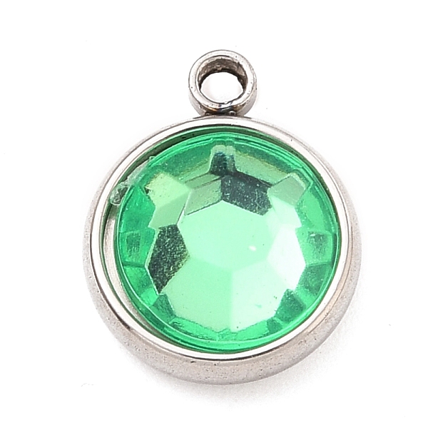

PandaHall 304 Stainless Steel Charms, with Acrylic Rhinestone, Birthstone Charms, Faceted, Flat Round, Stainless Steel Color, Lt.Emerald..., Green
