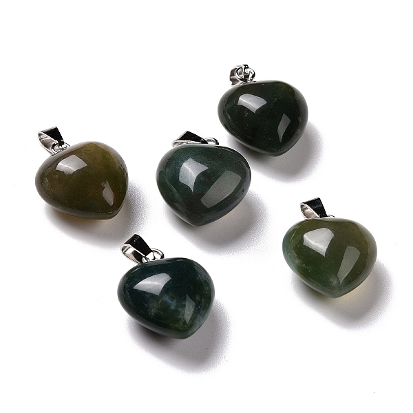 

PandaHall Natural Moss Agate Pendants, with Platinum Brass Loops, Heart, 18~19x15~15.5x6~8mm, Hole: 6x2.5~3mm Moss Agate Heart