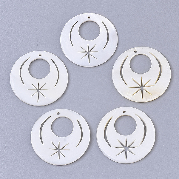 

PandaHall Natural Freshwater Shell Pendants, Flat Round with Star, Creamy White, 30x2mm, Hole: 1.2mm Freshwater Shell Flat Round