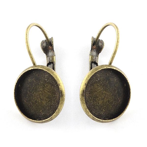 

PandaHall Brass Leverback Earring Findings, with Flat Round Tray, Antique Bronze, Tray: 12mm, 27x14mm, Pin: 1mm Brass