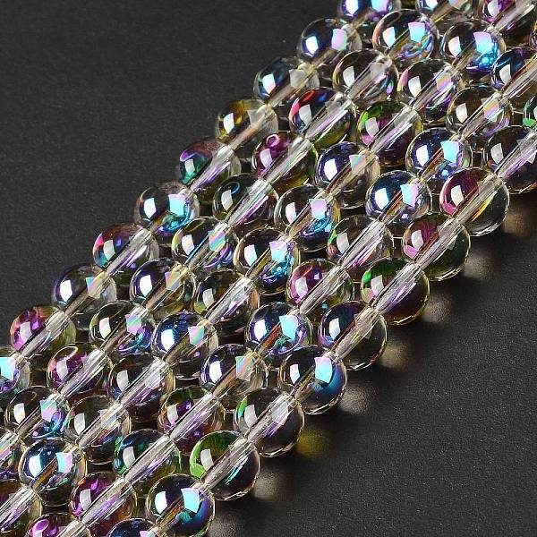 

PandaHall Transparent Electroplate Glass Beads Strands, Rainbow Plated, Round, Purple, 8x7mm, Hole: 1.2mm, about 50~52pcs/strand, 36.8~39cm...