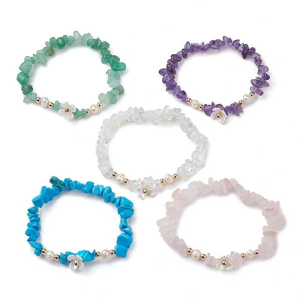 

PandaHall Mixed Gemstones Chip Beaded Plastic Flower Stretch Bracelets, with Natural Cultured Freshwater Pearl Beads, Inner Diameter: 5.4cm...