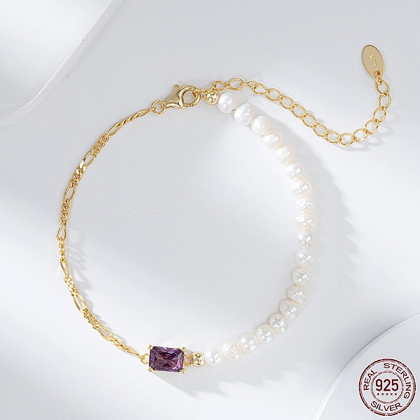 

PandaHall Natural Freshwater Pearls Beaded Bracelets with Cubic Zirconia Rectangle Link, 925 Sterling Silver Figaro Chains Bracelets for...