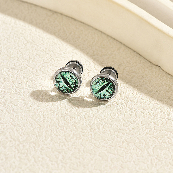 Boucles d'oreilles rondes unisexes en résine et acier inoxydable 316 avec œil de serpent