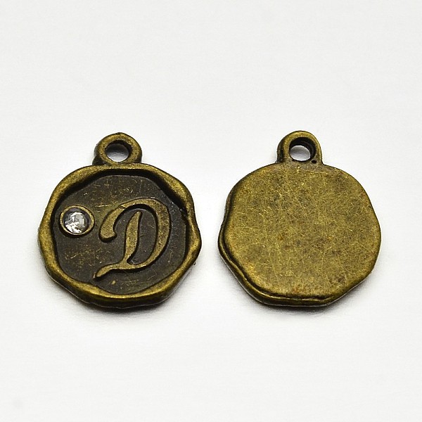 

PandaHall Antique Bronze Plated Alloy Rhinestone Charms, Flat Round with Letter.D, Nickel Free, 13x10x1.5mm, Hole: 1mm Alloy+Rhinestone..., Clear
