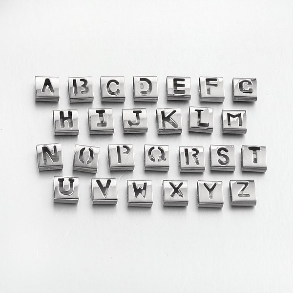

PandaHall 201 Stainless Steel Slide Charms, Letters, Stainless Steel Color, 9x8x4mm, Hole: 8mm 201 Stainless Steel Letter A~Z