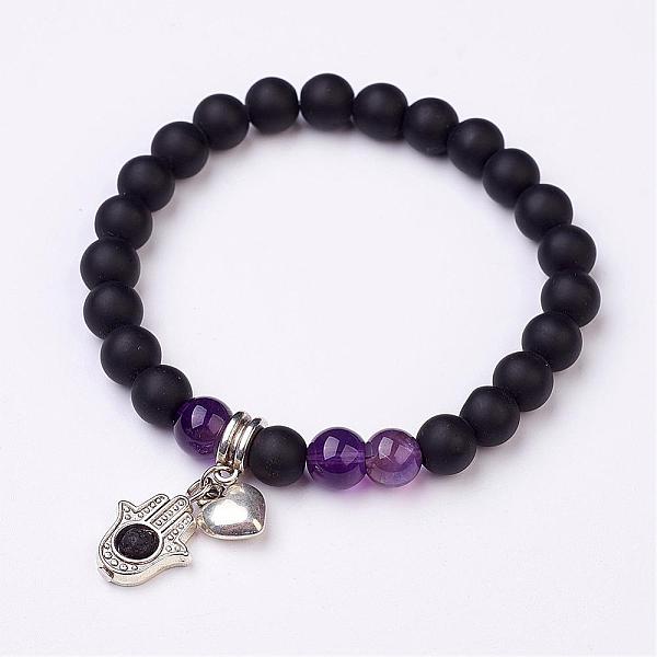 PandaHall Natural Amethyst Bead Charm Bracelets, with Alloy Charms, Heart and Palm, Antique Silver, 2-1/8 inch(53mm) Amethyst