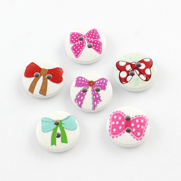 

PandaHall 2-Hole Bowknot Pattern Printed Wooden Buttons, Flat Round, Mixed Color, 15x4mm, Hole: 2mm Wood Flat Round Multicolor