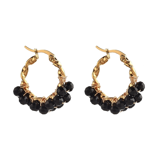 

PandaHall 201 Stainless Steel Hoop Earrings, Hypoallergenic Earrings, with Natural Black Agate Beads, Twisted Ring Shape, Golden, 30x24mm...