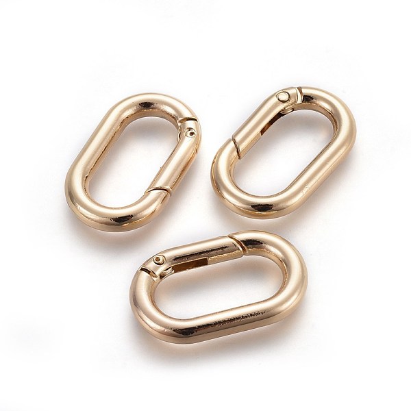 

PandaHall Zinc Alloy Key Clasps, Spring Gate Rings, Oval Rings, Light Gold, 34.5x21x5mm, Inner Diameter: 25x11.5mm Alloy