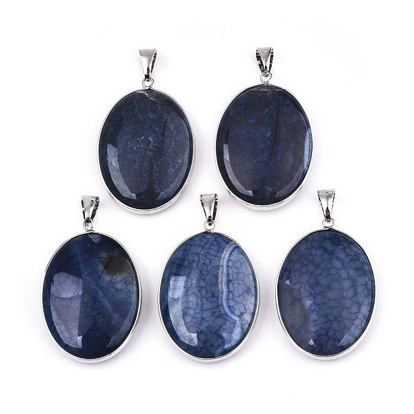 

PandaHall Natural Crackle Agate Pendants, with Platinum Plated Iron Bails and Settings, Oval, Dyed, Prussian Blue, 45~46x31x9~11mm, Hole...