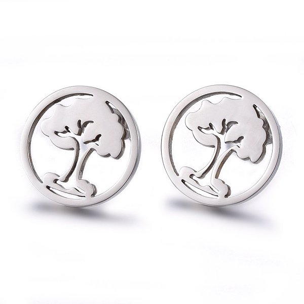 

PandaHall 304 Stainless Steel Stud Earrings, Hypoallergenic Earrings, Flat Round with Tree of Life, Stainless Steel Color, 15x1.2mm, Pin...