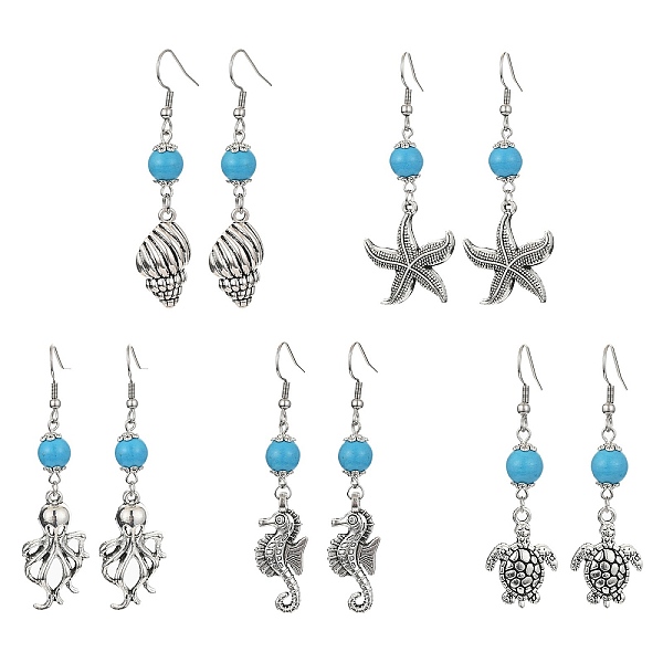 Ocean Theme Alloy Dangle Earrings With Synthetic Turquoise Beaded