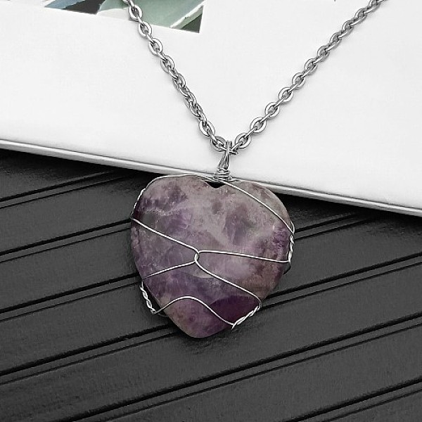 

PandaHall Natural Amethyst Pendant Necklaces, 19.69 inch(50cm) Amethyst Heart
