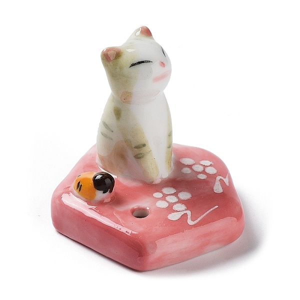 PandaHall Porcelain Incense Burners, Cat on the Flower Incense Holders, Home Office Teahouse Zen Buddhist Supplies, Tan, 40x40x38mm...