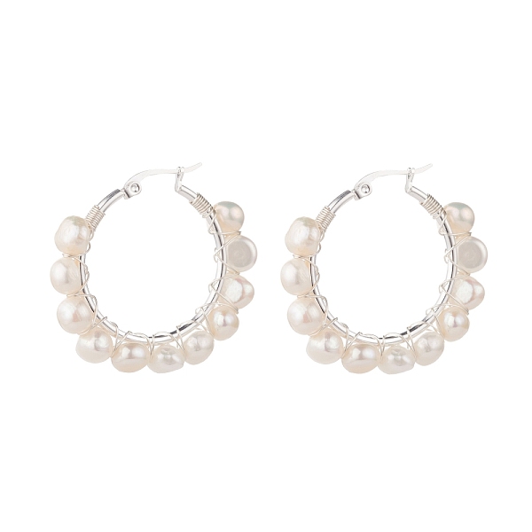

PandaHall Natural Pearl Wire Wrapped Beaded Hoop Earrings for Women, Silver, White, 38x41x8mm, Pin: 0.8mm Pearl Ring White