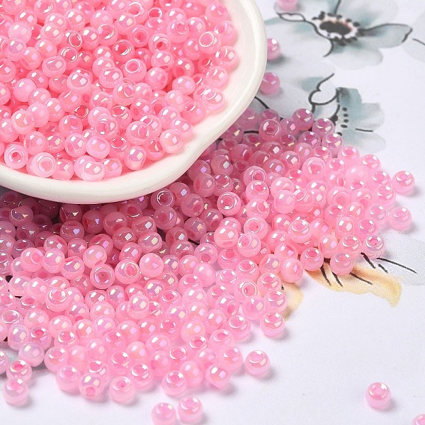 

PandaHall Glass Seed Beads, Ceylon, Round Hole, Round, Pearl Pink, 4x3mm, Hole: 1.2mm, 7650pcs/pound Glass
