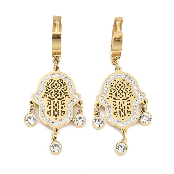 

PandaHall Hollow Hamsa Hand 304 Stainless Steel Dangle Earrings, Rhinestone Hoop Earrings for Women, Real 18K Gold Plated, 46x17mm 304..., Clear