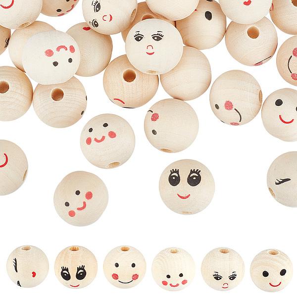 

PandaHall GOMAKERER 42Pcs 6 Styles Printed Wood European Beads, Large Hole Round Beads with Smiling Face Pattern, Undyed, PapayaWhip..., Orange