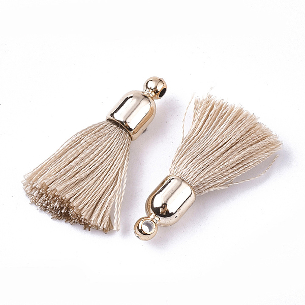 

PandaHall Polyester Tassel Pendant Decorations, with CCB Plastic Findings, Light Gold, PeachPuff, 25~30x6mm, Hole: 1.5mm Polyester Brown