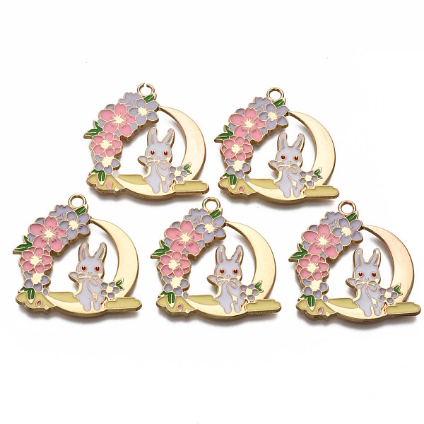 

PandaHall Alloy Enamel Pendants, Light Gold, Cadmium Free & Nickel Free & Lead Free, Rabbit with Flower, White, 32x30x2mm, Hole: 2mm...