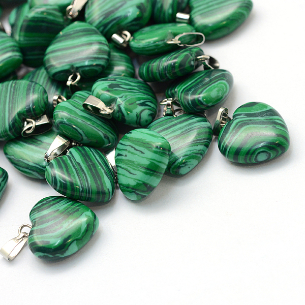 

PandaHall Heart Dyed Synthetic Malachite Pendants, with Platinum Tone Brass Findings, 17~19x15~16x5~8mm, Hole: 2x7mm Malachite Heart