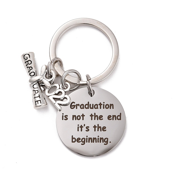 

PandaHall Graduation Theme 201 Stainless Steel Keychain Clasps, Flat Round with 2022 & Diploma, Word, 52mm Stainless Steel Word