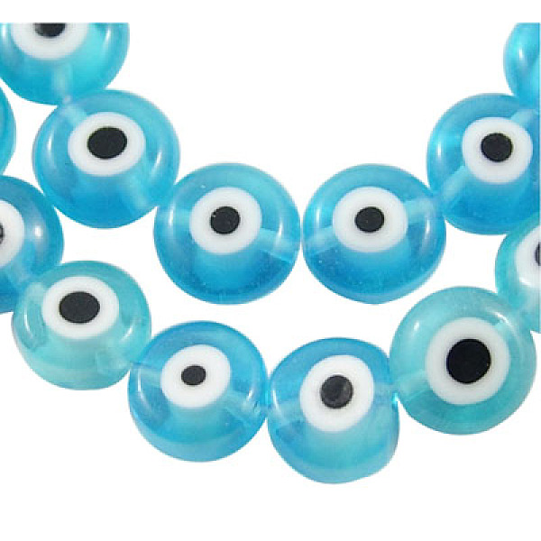 

PandaHall Handmade Lampwork Beads, Evil Eye, Flat Round, Cyan, about 8mm in diameter, 4mm thick, hole: 1mm, about 50pcs/strand Lampwork Evil...