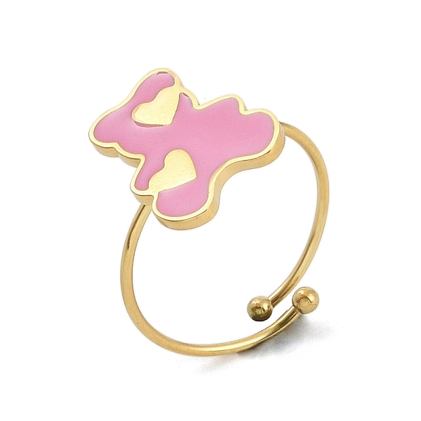

PandaHall Bear with Heart 304 Stainless Steel Enamel Ring, 316 Surgical Stainless Steel Open Cuff Ring for Women, Real 18K Gold Plated, Real...