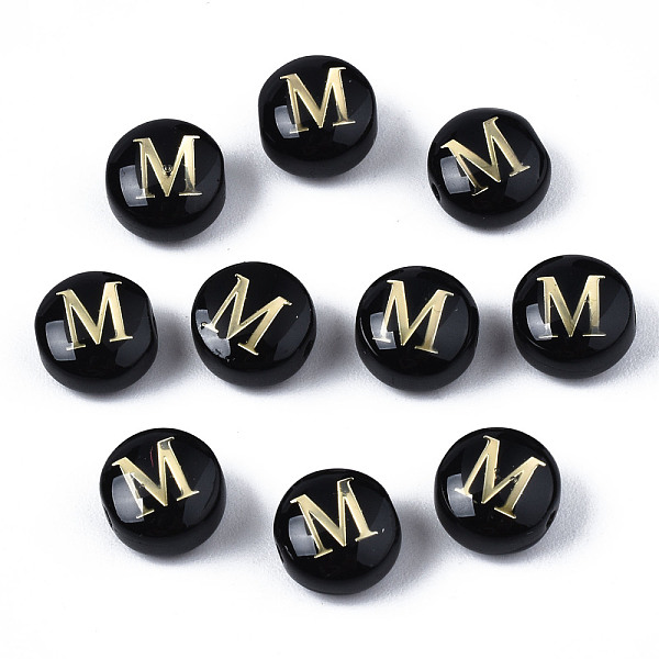 

PandaHall Handmade Lampwork Beads, with Golden Plated Brass Etched Metal Embellishments, Flat Round with Alphabet, Letter.M, 8x5mm, Hole..., Black