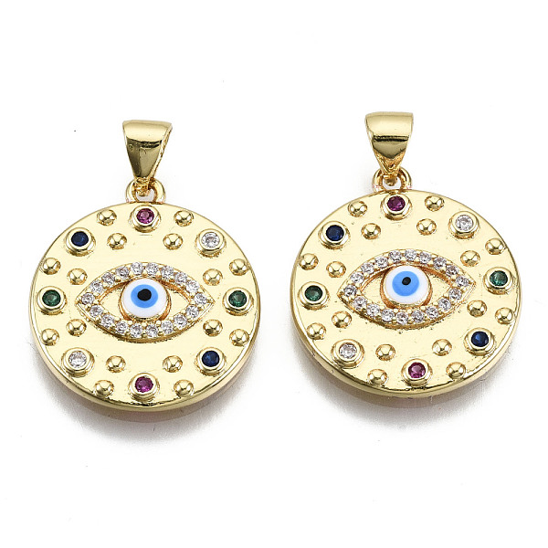 

PandaHall Brass Micro Pave Colorful Cubic Zirconia Pendants, Nickel Free, Flat Round with Evil Eye, Real 16K Gold Plated, 21x18.5x3mm, Hole...