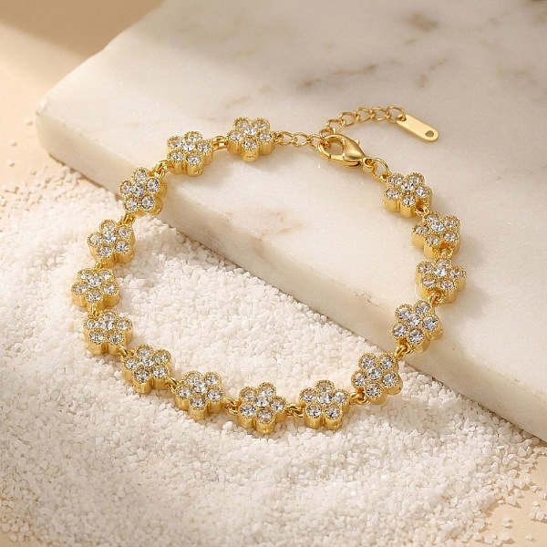 Bracciale a catena con maglie a fiore a 5 petali e zirconi cubici trasparenti incastonati in acciaio inossidabile 304 da donna