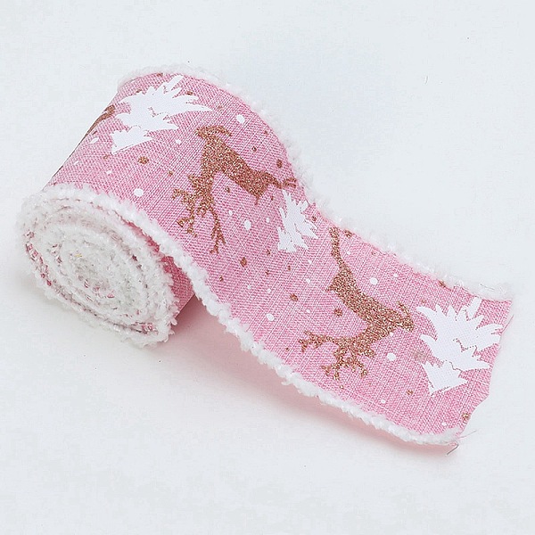 PandaHall Christmas Theme Wired Linen Ribbon, Fuzzy Edged Ribbon, Deer & Christmas Tree Print, Pink, 2-1/2 inch(65mm), about 10.94 Yards...