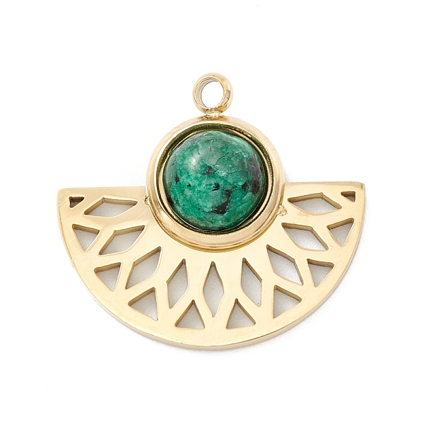 

PandaHall Ion Plating(IP) 304 Stainless Steel Pendants with Synthetic Sesame Jasper Cabochon, Fan, Sea Green, 16x17.5x4.5mm, Hole: 1.3mm 304...