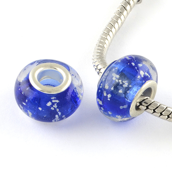 

PandaHall Glow In The Dark Handmade Luminous Style Lampwork Large Hole European Beads, with Silver Tone Brass Cores, Rondelle, Blue...
