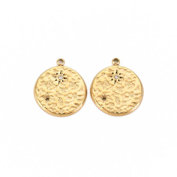 

PandaHall Ion Plating(IP) 304 Stainless Steel Pendants, with Crystal Rhinestone, Flat Round with Sun, Real 14K Gold Plated, 19x16x1.5mm..., Clear