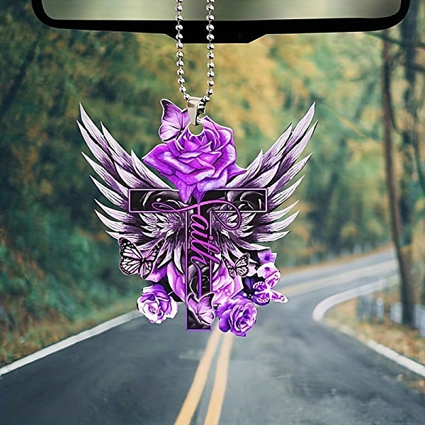 PandaHall Colorful Butterfly Faith Jesus Cross Acrylic Pendant Decoration, for Car Rear View Mirror Hanging Ornament, Wing, 320mm, Pendant...
