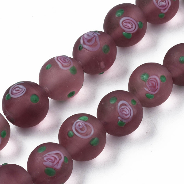 

PandaHall Handmade Frosted Lampwork Beads Strands, Round with Flower, Rosy Brown, 11~12mm, Hole: 1.4mm, about 45pcs/strand, 19.69 inch(50cm)...