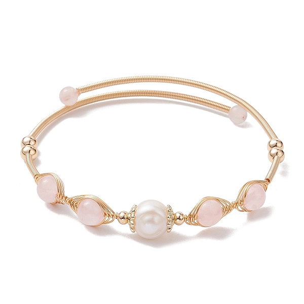 

PandaHall Natural Rose Quartz Round Beaded Cuff Bangle, Golden Brass Wire Wrapped Bangle, Inner Diameter: 2 inch(5~5.15cm) Rose Quartz