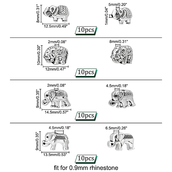 

PandaHall 40Pcs 4 Style Tibetan Style Alloy Elephant Beads, Antique Silver, 9~14.5x8~13.5x4.5~8mm, Hole: 1~4.5mm, 10pcs/style Alloy...