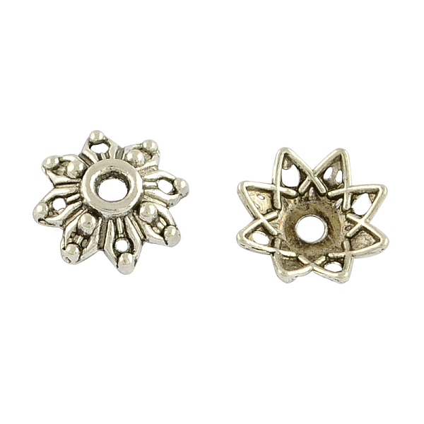 

PandaHall 8-Petal Flower Alloy Bead Caps, Tibetan Style, Cadmium Free & Lead Free, Antique Silver, 8.5x3mm, Hole: 2mm, about 5000pcs/1000g...