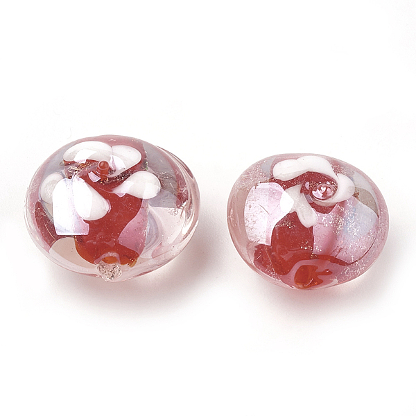

PandaHall Handmade Lampwork Beads, Flat Round with Flower, FireBrick, 14~15x14~14.5x11mm, Hole: 1~1.5mm Lampwork Flat Round Red