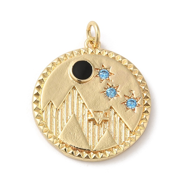 PandaHall Rack Plating Brass Micro Pave Cubic Zirconia Enamel Pendants, with Jump Ring, Lead Free & Cadmium Free, Flat Round Mountain Charm...