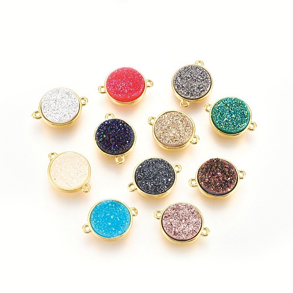 

PandaHall Brass Links connectors, with Druzy Resin, Flat Round, Golden, Mixed Color, 18~19x13.5~14x4.5~5mm, Hole: 1.2mm Brass+Resin Flat..., Multicolor