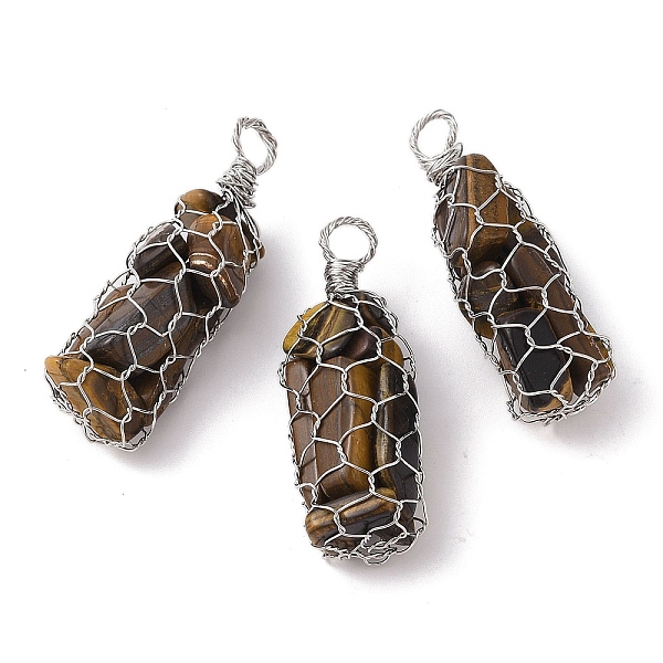 

PandaHall Rack Plating Copper Wire Wrapped Natural Tiger Eye Chip Big Pendants, Macrame Gems Charms, Cadmium Free & Lead Free, Platinum...